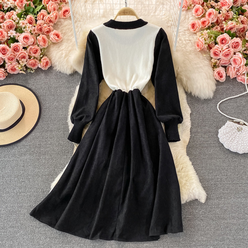 Robe mi-longue en maille à col ras du cou et à taille haute avec jupe trapèze 3118