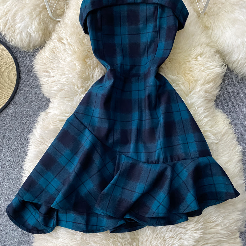 French first love Platycodon grandiflorum skirt dark Plaid waist  2886