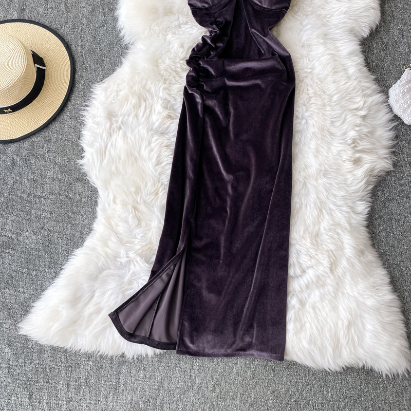 Vintage Hepburn velvet dress split Strapless suspender dress  3142