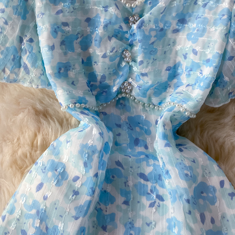 Chiffon-Kleid in A-Linie mit blauem Blumenmuster und Mesh-Nähten und V-Ausschnitt 3219