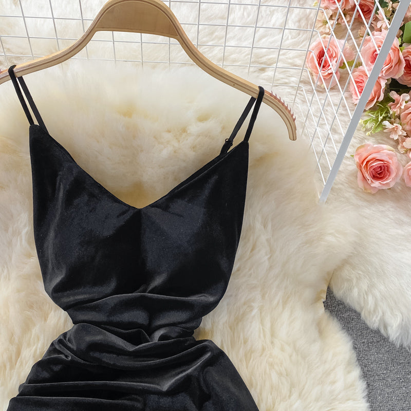 Suspender skirt female slim irregular velvet dress  2834