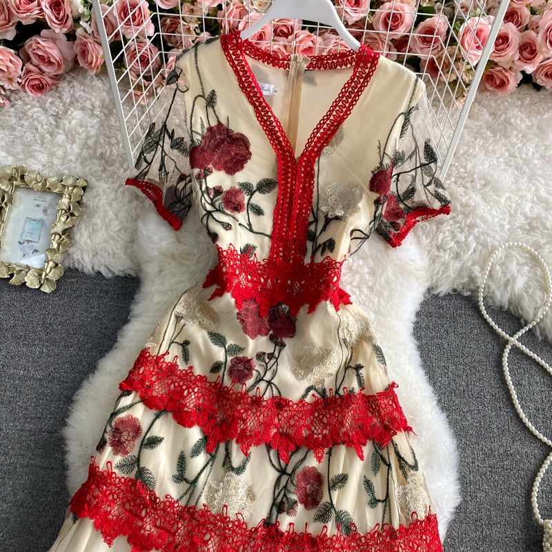 Design sense mesh embroidery waist closing large swing skirt 3300