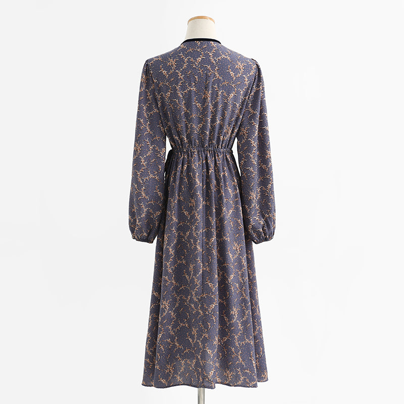 French retro minority temperament gentle wind long sleeve Floral Dress  2254