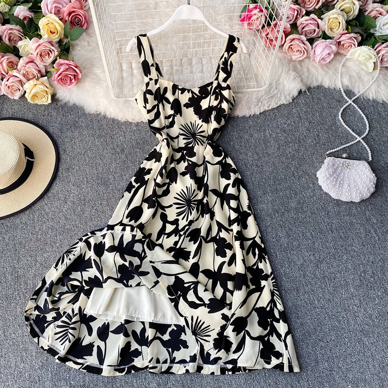Retro French minority print square neck waist slim suspender dress  3138