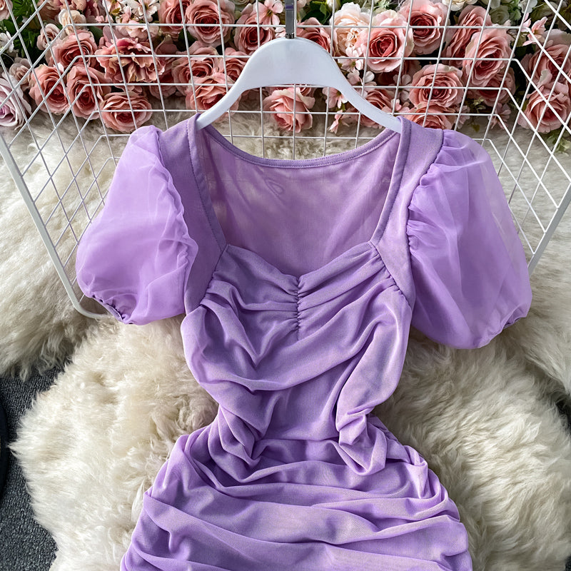 French square neck bubble sleeve mesh Pleated Dress  2787