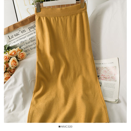 Jupe coréenne mi-longue en tricot de couleur unie 2591