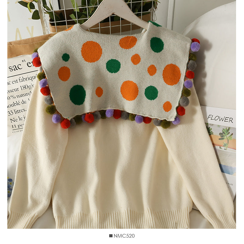Versatile wool ball decorative doll neck long sleeve women's sweater  1930