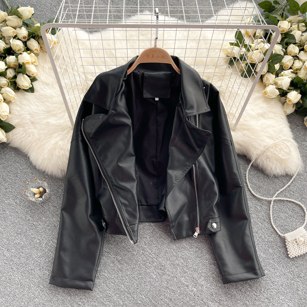 Leather women's slim and versatile Motorcycle Jacket  1559