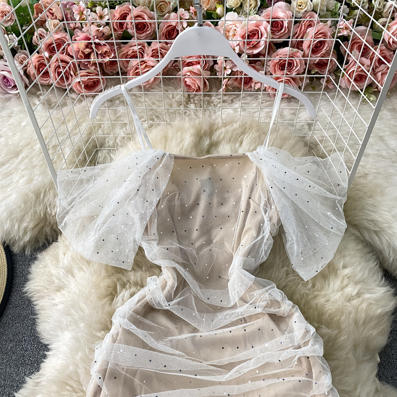 Sling-enges, glitzerndes Pailletten-Mesh-Super-Feenkleid 3292