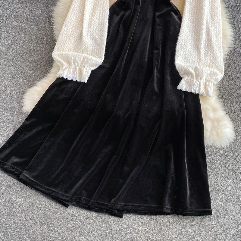 French Vintage Hepburn velvet fake two-piece skirt  3014