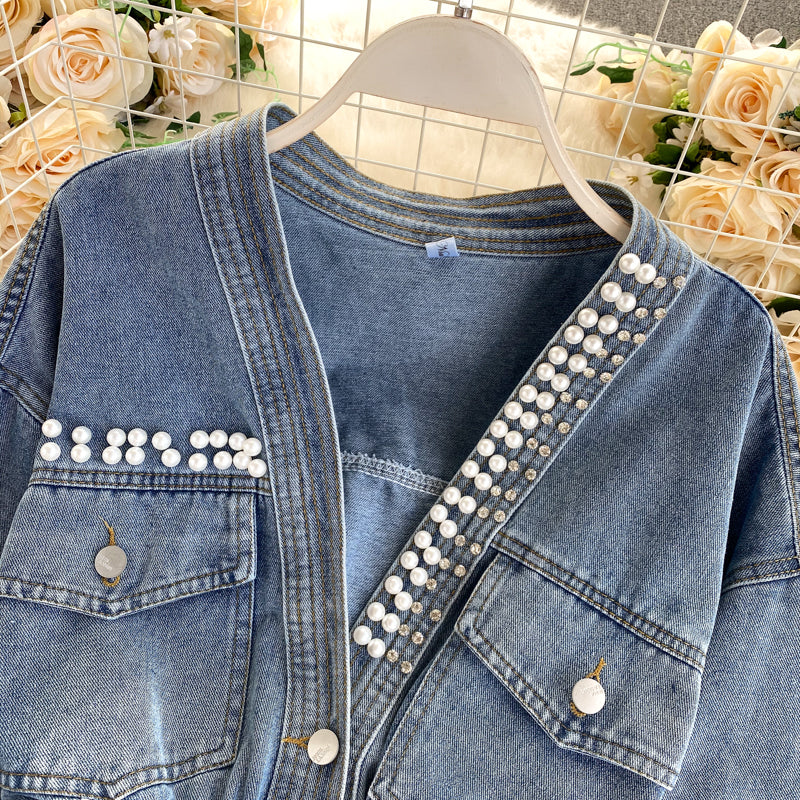 Jeansjacke Damendesign Sense Heavy Industry Nail Bead V-Ausschnitt Slim Fit 1489