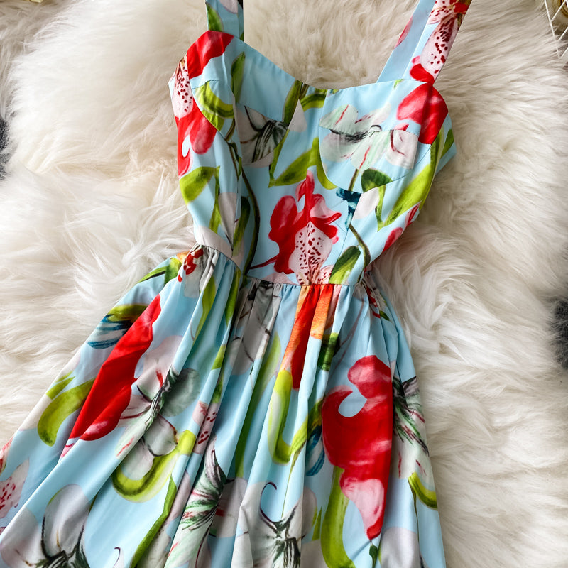 Geblümtes Kleid mit offenem Rücken, französischer langer Rock 2847