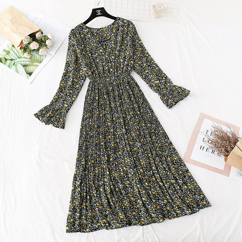 Small fresh pleated French retro long skirt Kikyo skirt  2383