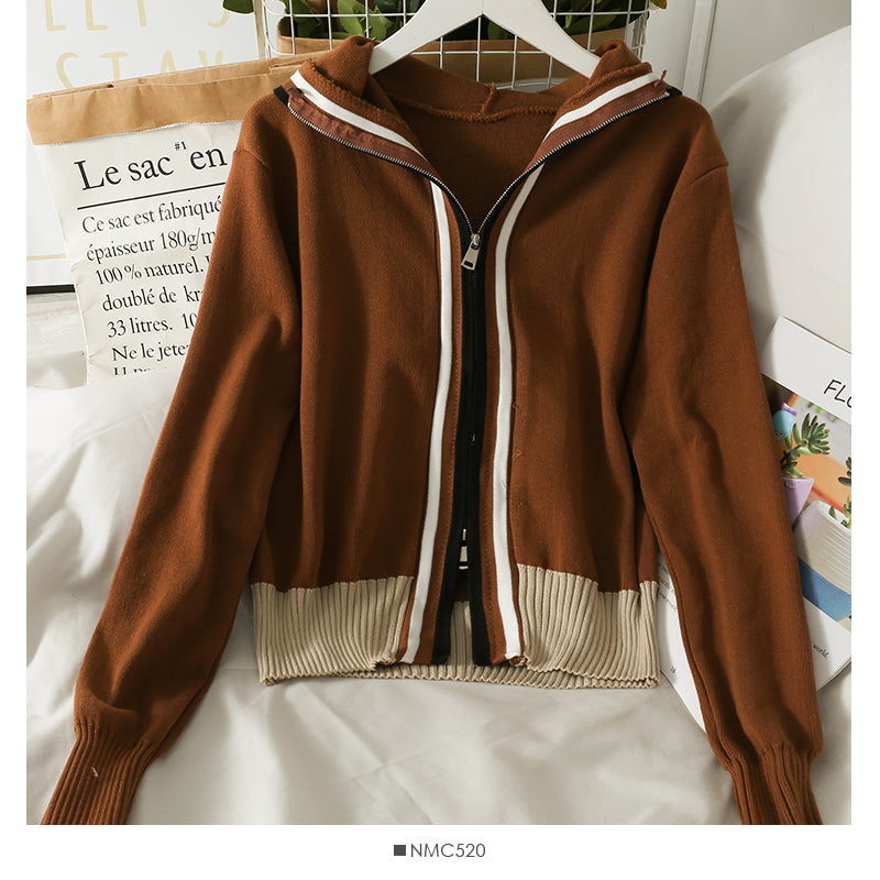 Hooded sweater women's stripe loose slim zipper sweater  2014