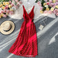 Elegant suspender skirt open back low chest sexy split wave point dress  2876