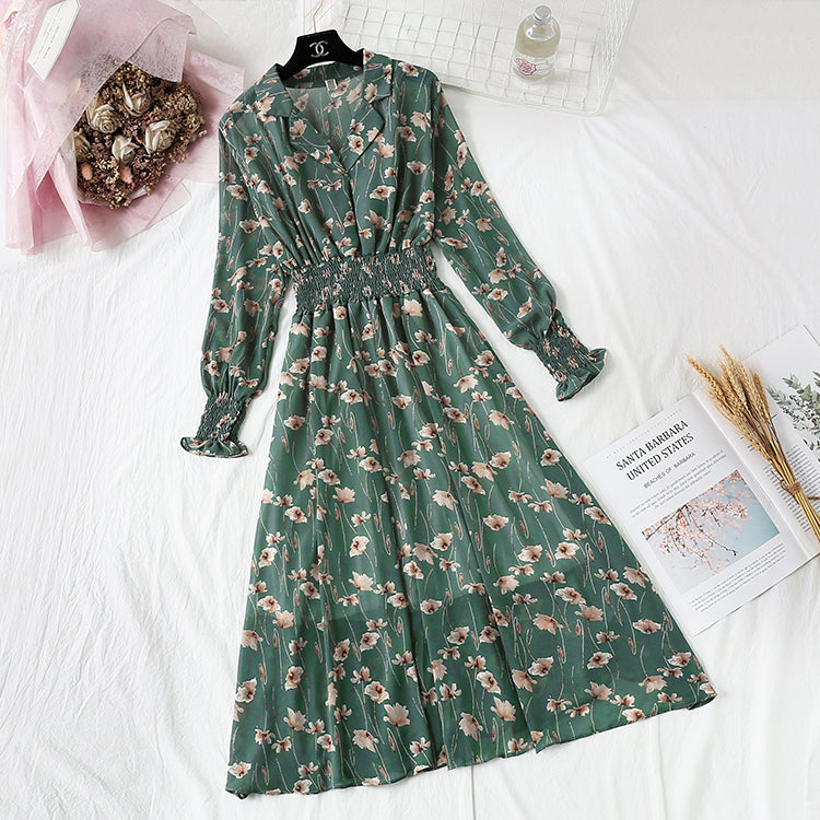 Suit collar French retro fairy super xiansen broken flower chiffon long skirt  2358