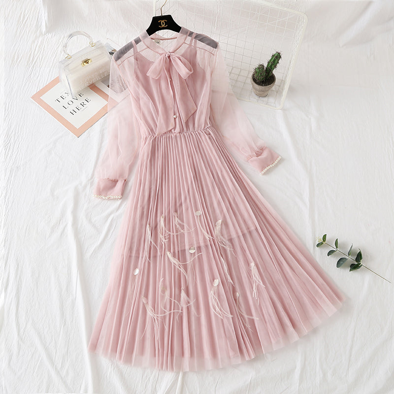 Dress feather nail bead long sleeve suspender bottomed skirt French girl long skirt  2286