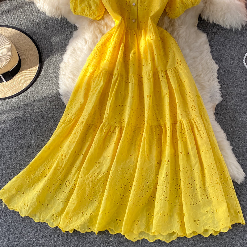 Elegant bubble sleeve long skirt with large hem  3065