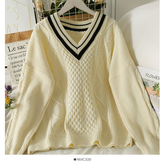 Sweater female diamond check loose thin sweater Korean V-neck  1863