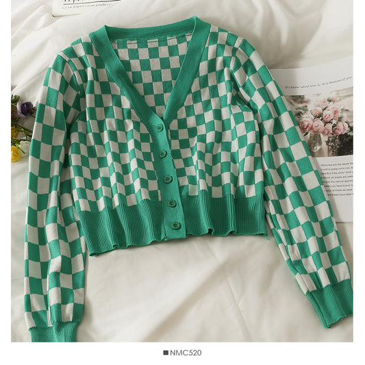 Cardigan court à carreaux à manches longues et boutonnage simple 1855