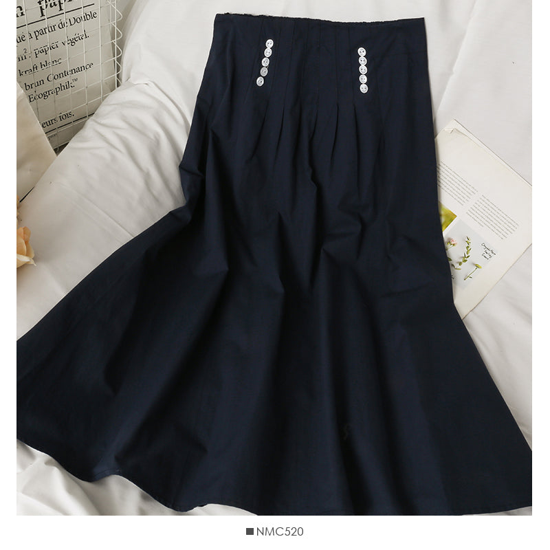 New pleated high waist thin medium length solid skirt  2639