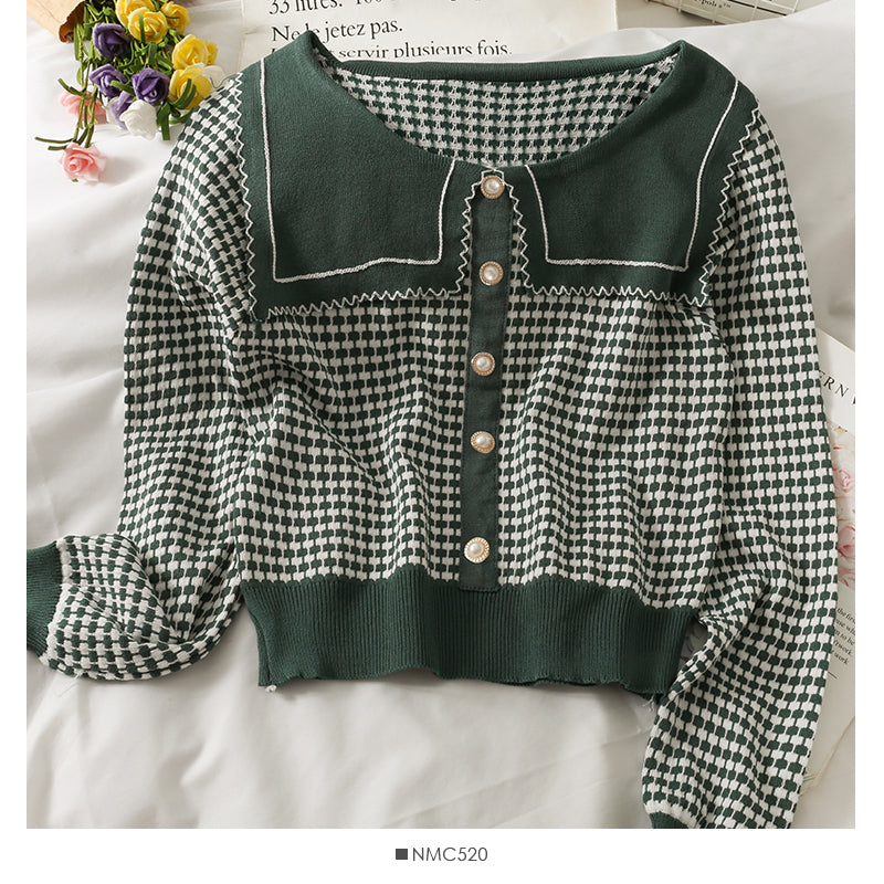Slim and slim check long sleeve sweater women's doll neck  1760