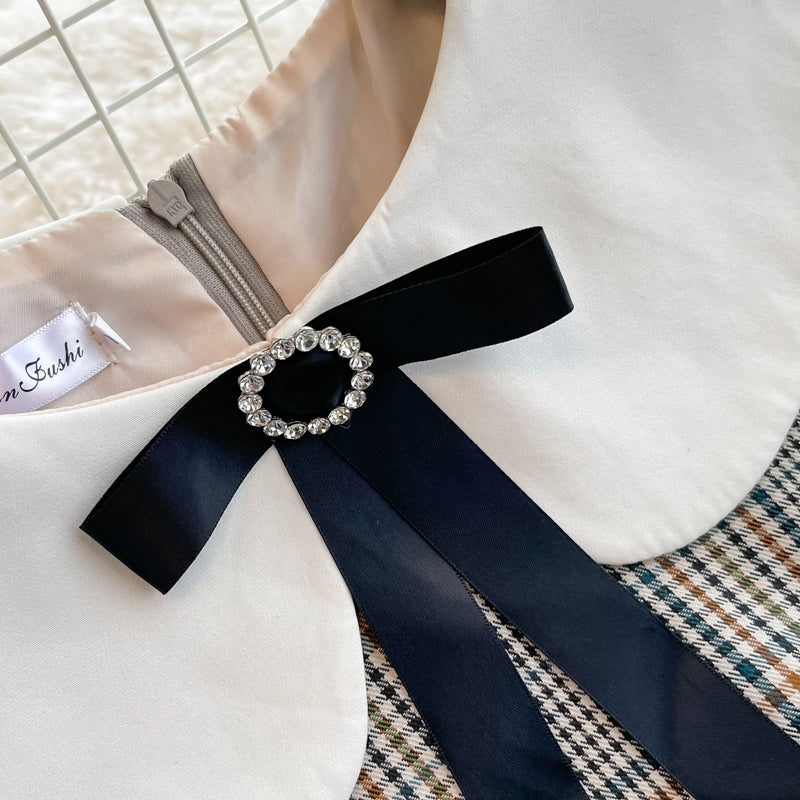 Xiaoxiangfeng doll neck high waist Plaid Dress  3387