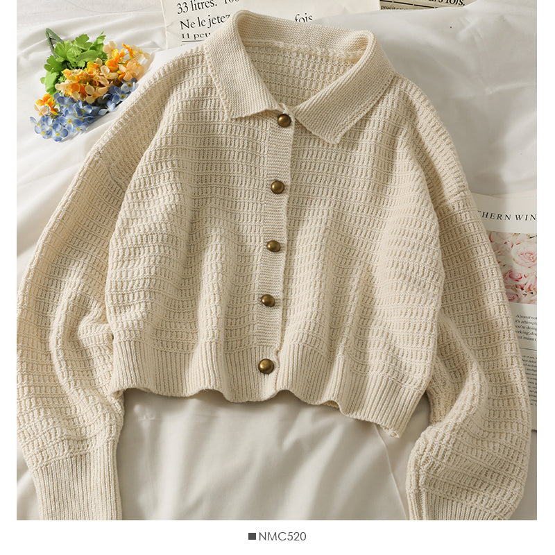 Vintage Revers Langarm einreihige Strickjacke lockerer Pullover 1743