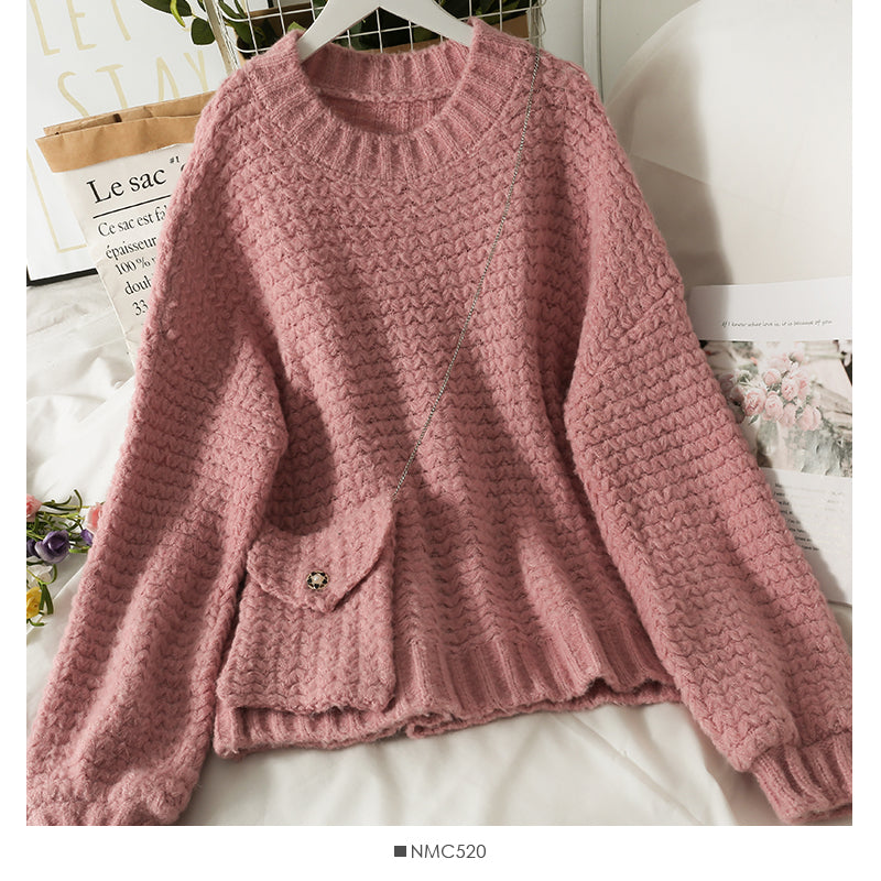 Sweater women's Pullover Top Long Sleeve versatile wear outside knitting with bag  1889