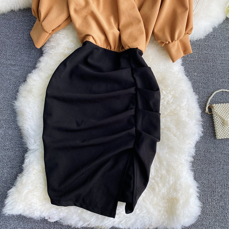 Light familiar commuter V-neck Pleated Dress  3291