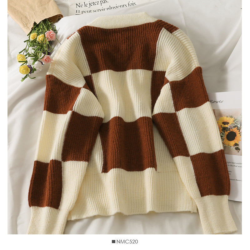 Sweater women's contrast stitched Plaid single breasted  1847
