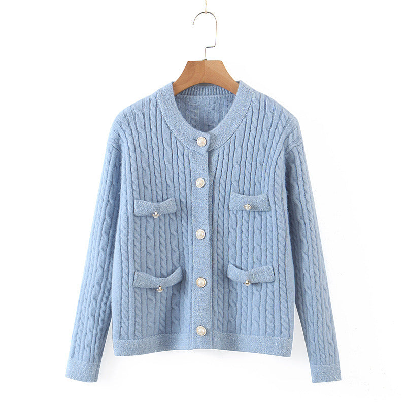 Pull cardigan à boutons nacrés pour robe femme avec petit parfum et design torsadé 1350