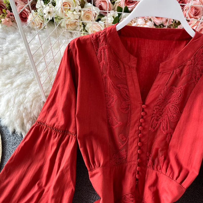 Gentle wind closing waist Lantern Sleeve V-neck dress  3183