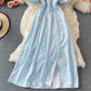 Slim waist with broken flower hanging neck square neck dress  3216