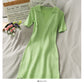 Simple and versatile solid color tight Lapel high waist wrap hip dress  2689