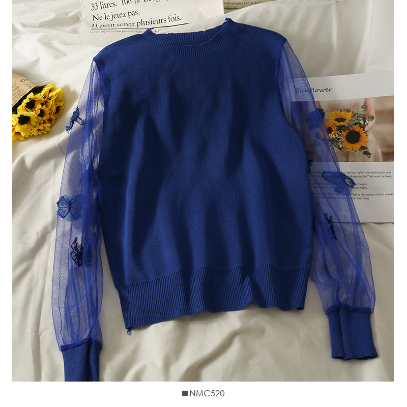 Mesh stitched three-dimensional butterfly long sleeve Pullover Sweater for women  2049