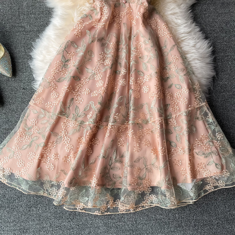 Temperament lace embroidered ear stand collar dress  3319