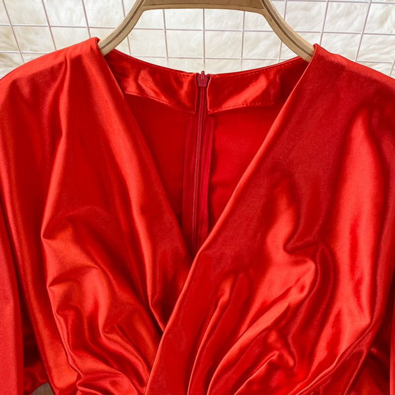 Satin high waist with thin V-neck irregular dress  3352