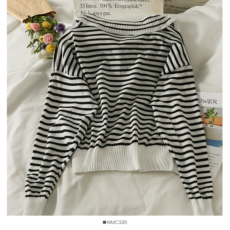Striped loose thin Lapel long sleeve bottomed Shirt Top  1960