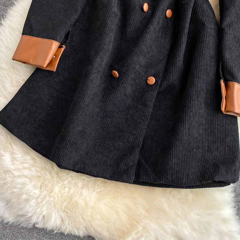 Lapel corduroy waist dress Hepburn  3115