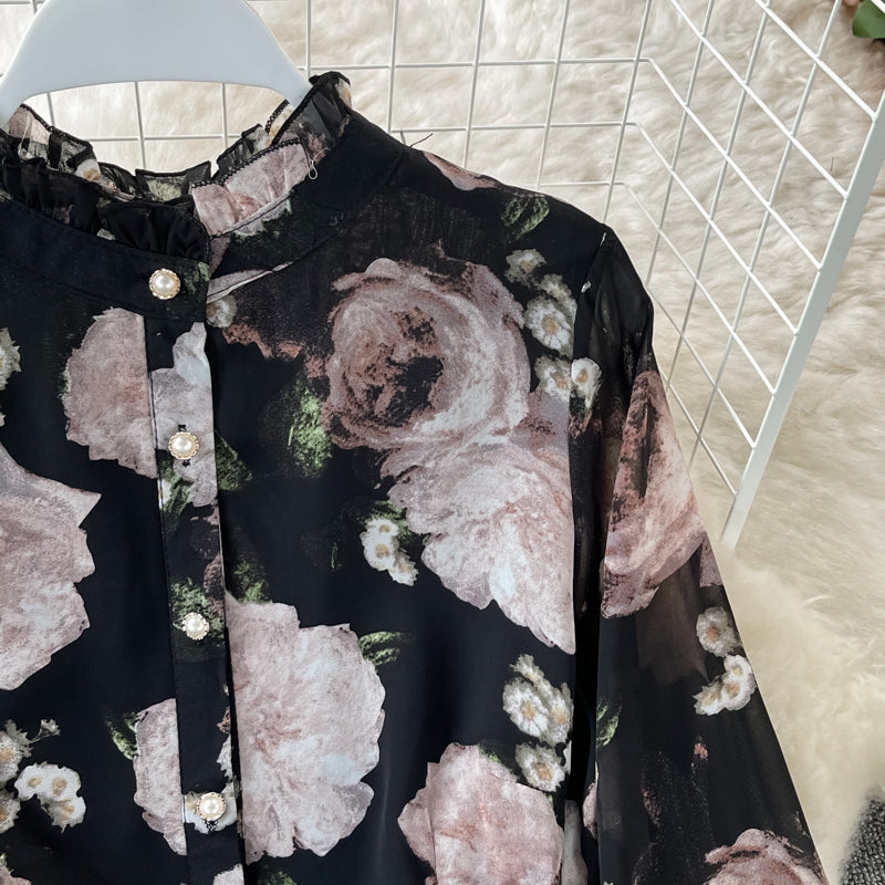 Slim waist and slim temperament French Vintage Chiffon Dress  3198