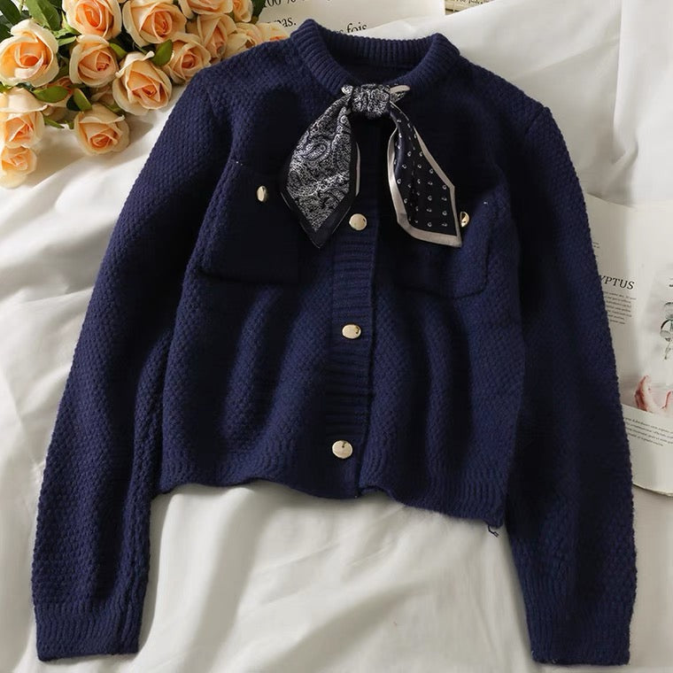 Haut cardigan vintage en tricot ample à simple boutonnage et à manches longues avec nœud papillon 1448