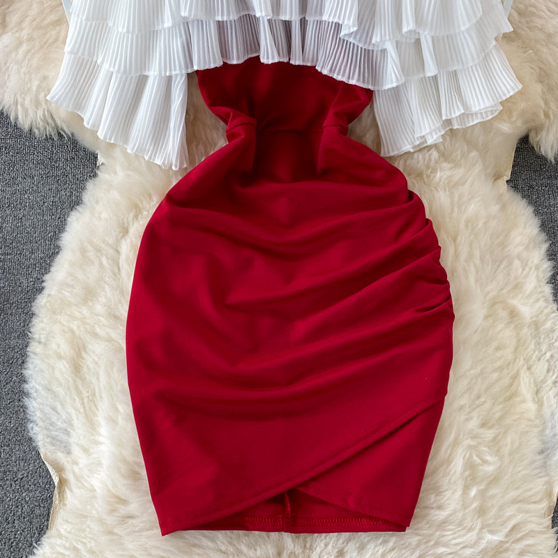 Straight neck off shoulder temperament Hepburn wrap hip short skirt  3209