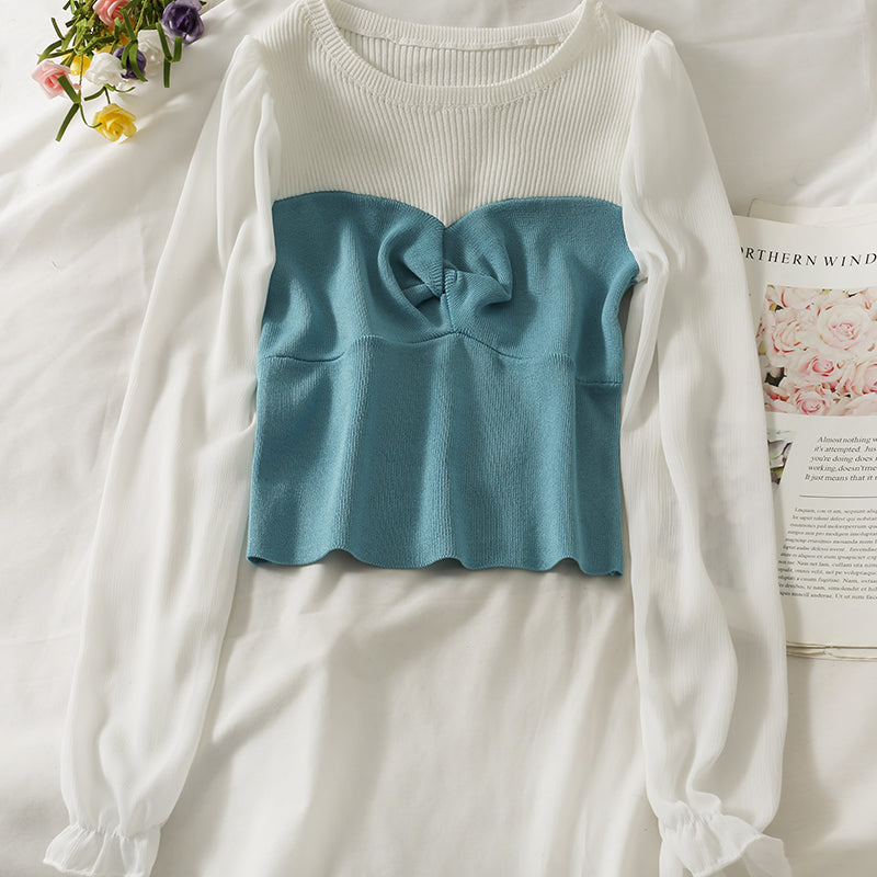 Han Fan contrast color slim wrinkled sweater women  1721
