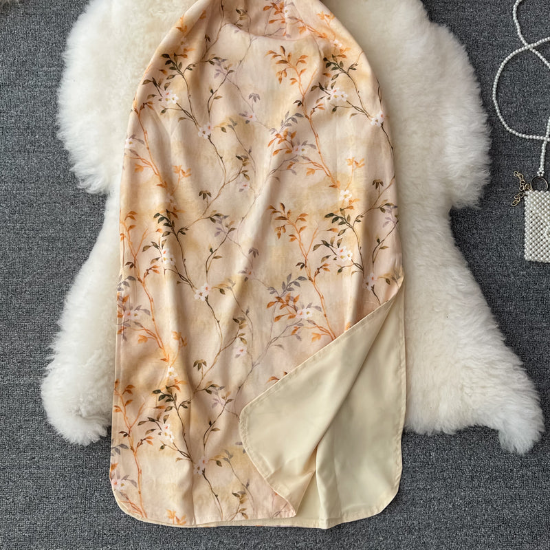 Stand collar slim, feminine temperament, Floral Chiffon Dress  3058