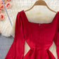 Temperament medium long high waist Thin Red Square Neck Dress  3361