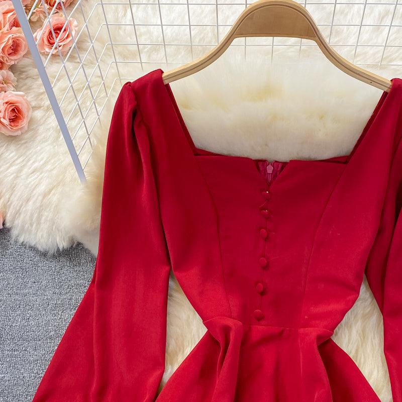 Temperament medium long high waist Thin Red Square Neck Dress  3361
