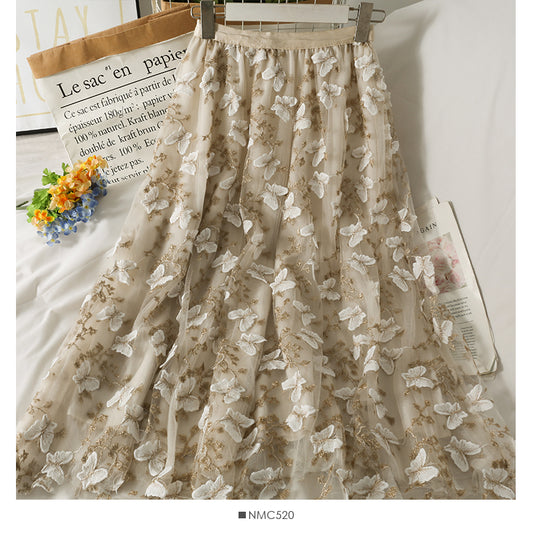 Three dimensional butterfly embroidered bright silk high waist skirt  2550