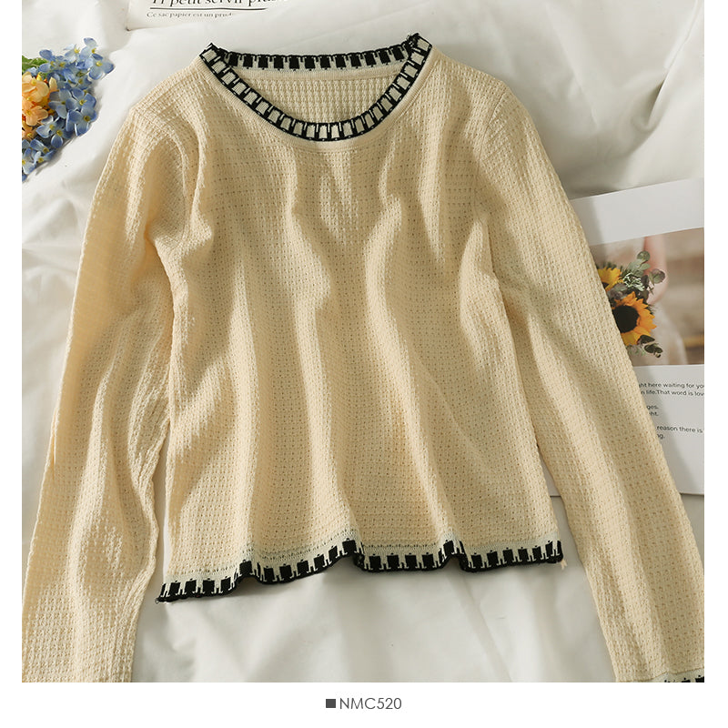Slim and slim round neck sweater top women's new color matching bottom shirt  2040