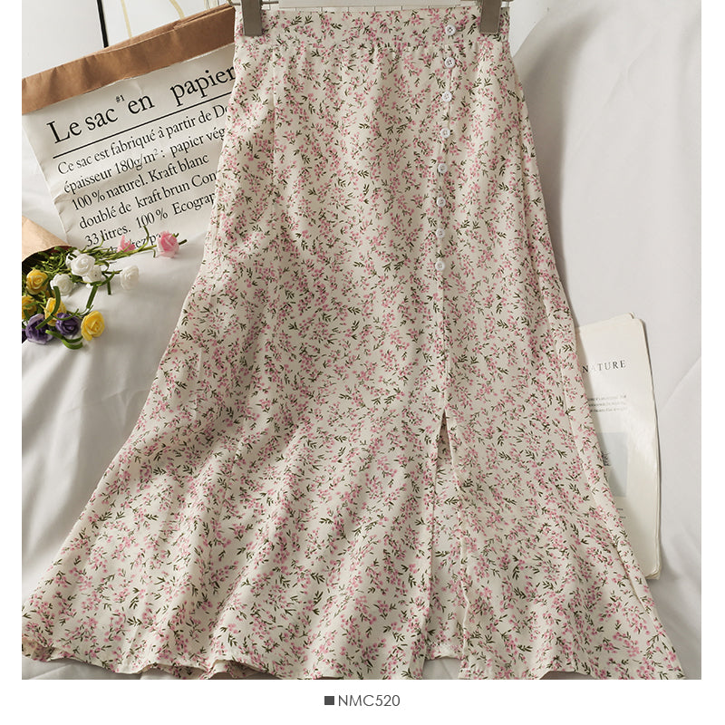 Mittellanger Retro-Rock mit hoher Taille und schmaler Brust und Blumenmuster 2575